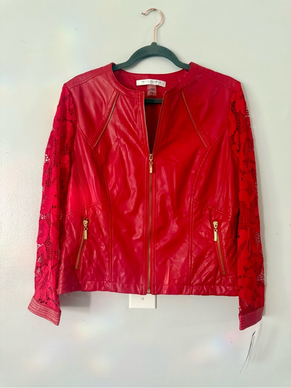 Peter Nygard Red Faux Leather Jacket Floral Lace Sleeve Moto Full Zip PM Edgy